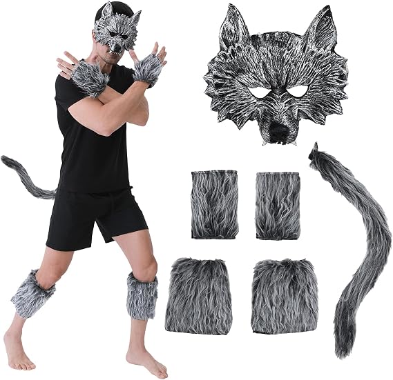 6Pcs Werewolf Mask Costume for Men, Wolf Costume Set for Adults Halloween Animal Cosplay Party Animal Masquerade Mask Gloves and Furry Tail for Women