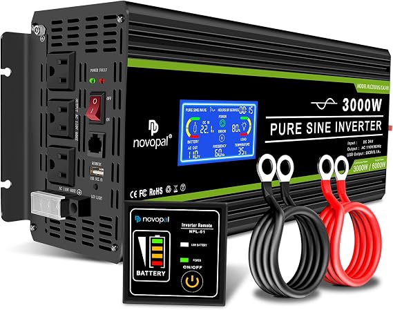 NOVOPAL 3000 Watt Pure Sine Wave Power Inverter 24V to 110V 120V | Rv Inverters 3 AC Outlets,High Power AC Terminal-16 ft Remote Control, LCD Display for Truck, Hurricane, Home