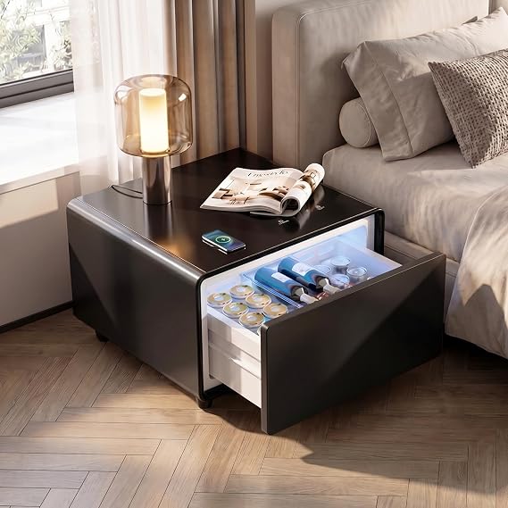 Smart Refrigerated End Table With 65L Drawer, Wireless Charging, USB Ports