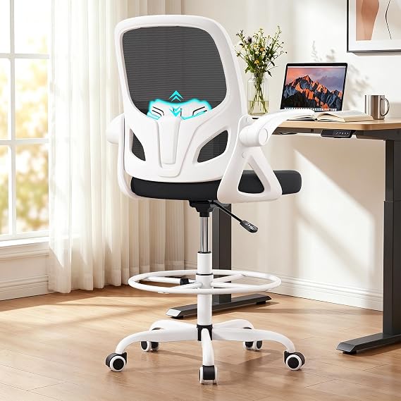 Kensaker Drafting Chair Tall Office Chair, Ergonomic Standing Desk Chair with Adjustable Foot Ring and Flip-up Armrests, Mesh Computer Chair for Art Studio, 300 LBS, White