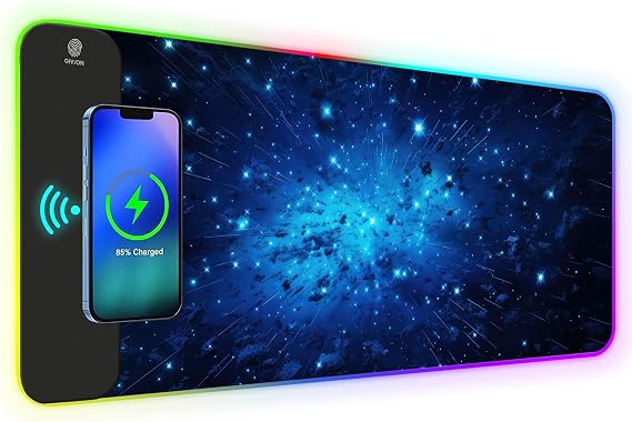AIMSA RGB Gaming Mouse Pad with Wireless Charging, Large Keyboard Mouse Pad with 14 LED Light Modes, Non-Slip Rubber Base Waterproof Desk Pad for Home Office Decor, Blue Meteor Starry Sky