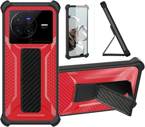 bojioderf Case Compatible for Vivo X80 Pro Dimensity 9000 Phone Case Cover [with Tempered Glass Screen Protector] Hybrid Case [Folding Support Magnetic] [Frosted Anti-Fingerprint] Red