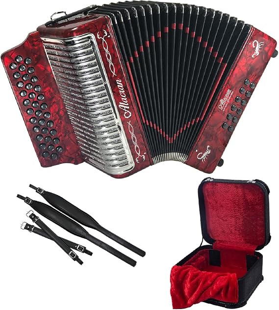 NAL3412 DLX Accordion Package: 34 Button, 12 Bass Accordion with Case and Straps (Fa/FBE, Red Pearl)