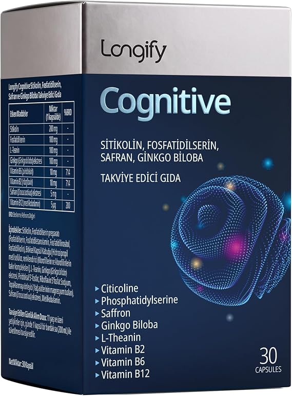 Cognitive Sitikolin, Fosfatidilserin, Safran, Ginkgo Biloba, L-Teanin, B2, B6 ve B12 Takviye Edici Gıda 30 Kapsül