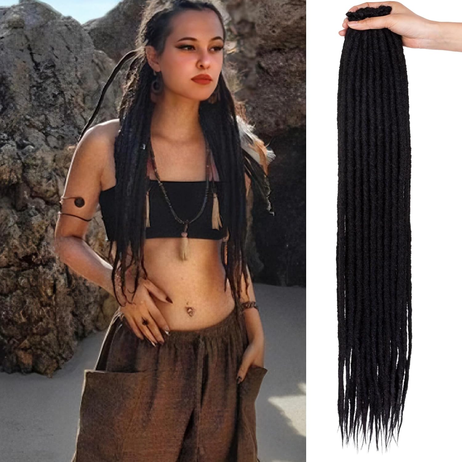 20 Strands Soft Dreadlock Extensions 24 Inch Black 0.6cm Width Loc Dreads Handmade Reggae Crochet Hair For Rock&Roll Hippie Style #1B
