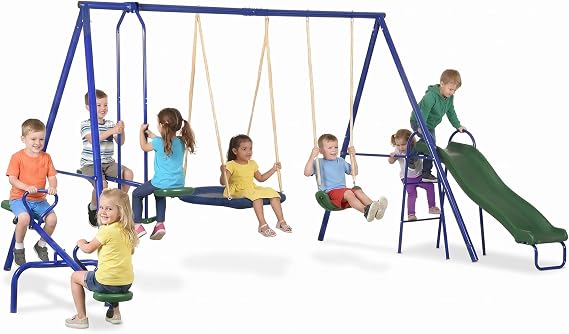 Outsunny Metal Swing Set for Kids 5 in 1 Outdoor Playset Slide 693 lbs Blue