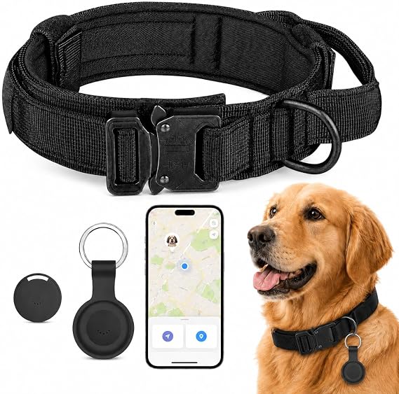 犬用ペットGPSトラッカー、Apple Find MyiOSのみ対応、月額料金なし、IP67防水紛失防止ロケーター、12ヶ月バッテリー、シリコンカラーホルダー&タクティカルドッグカラー付属