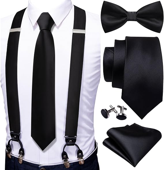 YOHOWA Suspenders for Men Tie Bowtie Set Adjustable Brace Handkerchief Cufflinks Strong Clip Elastic Band Wedding Party