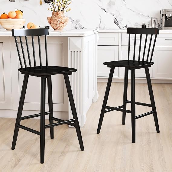 chairus 26" Black Windsor Counter Height Bar Stools Set of 2, Farmhouse Wooden Counter Stools with Spindle Back, Modern Rustic Kitchen Island Bar Chairs