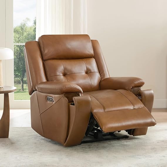 Watson & Whitely Genuine Leather Wall Hugger Power Recliner Chair, Saddle