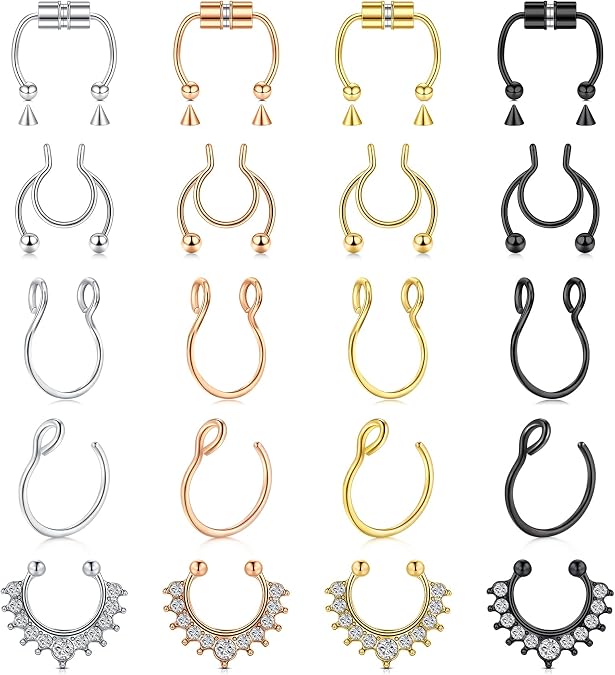 D.Bella Fake Nose Ring Hoop Fake Septum Fake Nose Stud Faux Piercing Nose Cuffs for Non Pierced Nose Magnetic Nose Jewelry for Women Men