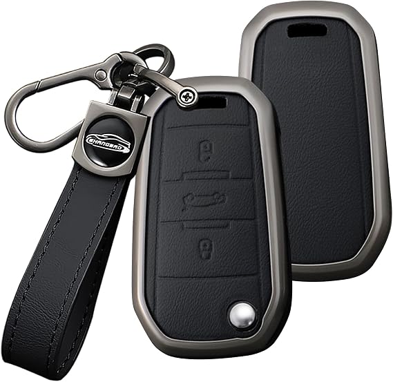 Folding Key Fob Cover Compatible with Peugeot 208 107 206 306 307 308 2008 3008 4008 5008 RCZ Citroen C1 C2 C3 C4 C5 Cactus C8 Key Case Leather&Alloy Material Accessories-A Keychain Black