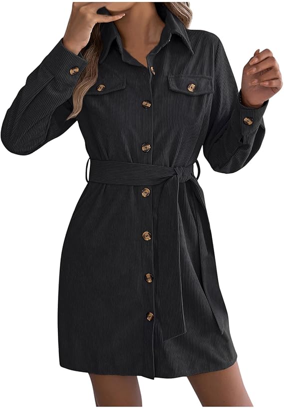 Women's Corduroy Mini Dresses Fall Winter Casual Long Sleeve Collared Button Down Tunic Shirt Dress with Belt for Work