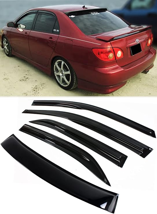 Fits for 2003-2008 Toyota Corolla 3D Wavy Window Visor Rain Guard + Rear Roof Visor Combo
