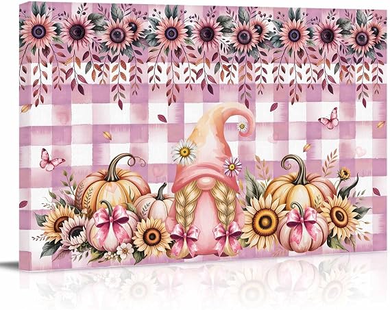 Rullikatlyi Pink Gnomes Fall Wall Decor for Living Room Bedroom, Thanksgiving Pumpkin Sunflower Buffalo Plaid Bathroom Canvas Wall Art Modern, Kitchen Office Wood Oil Painting Pictures 18"x12"