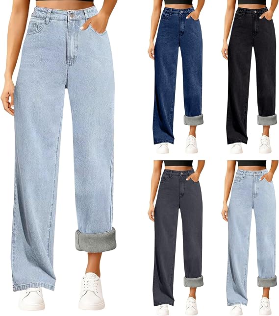 Womenyiaor Fleece Lined Jeans Women High Waisted Straight Leg Jeans Thermal Warm Winter Flannel Loose Stretchy Denim Pants