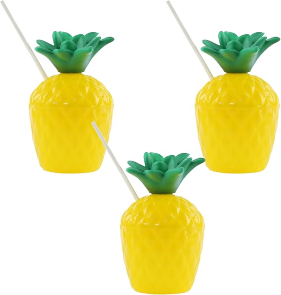 Pineapple Cup with Straw - Pack of 3 - Yellow Pineapple Drink Cup with Attached Green Stem and Paper Straw - Perfect for Summer Tropical Beach Parties, Luau, and Poolside Fun