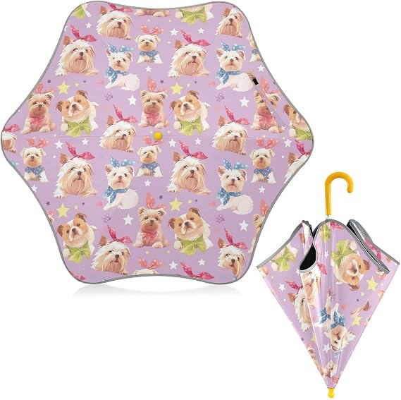 Purple Funny Dogs Toddler Umbrellas with Reflective Strip UV Resistant Travel Umbrella with Pinch-Proof Closure and Easy-Grip Hook Handle for Girls Boys