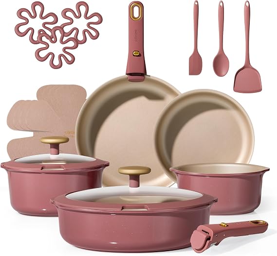 CAROTE Pots and Pans Set, Nonstick Cookware Sets with Detachable Handle, Oven Safe, Cookware Non Stick Cooking Set w/Frying Pans & Saucepans Red(PFOS, PFOA Free)