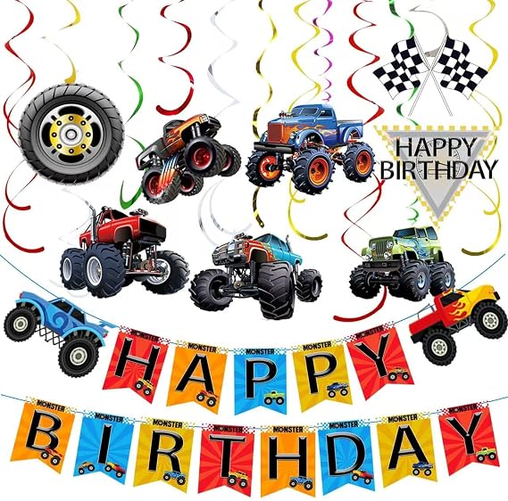Monster Truck Birthday Party Decorations Banner and Hanging Swirls