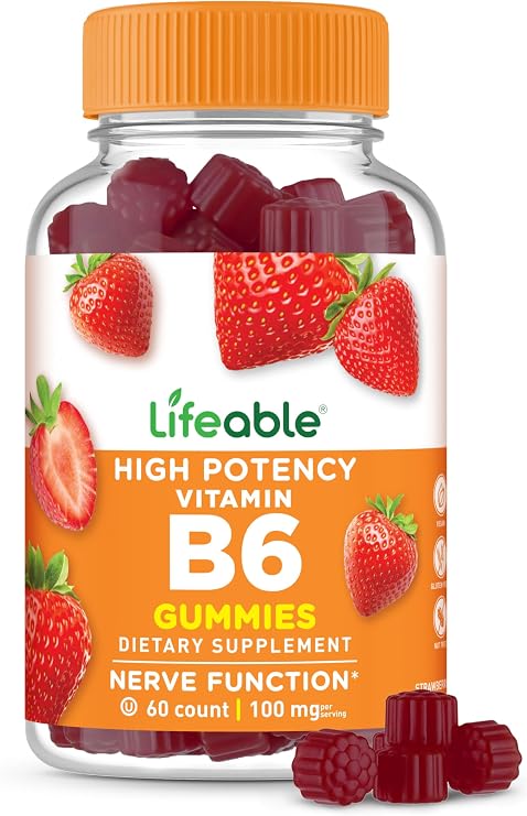Lifeable Vitamin B6 Gummies for Women and Men, High Potency 100 mg, 60 Ct | Supports Healthy Nerve Function and Metabolism - Kosher and Halal Certified, Lab Tested, Strawberry Pectin Gummy, No Gelatin