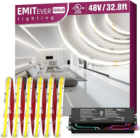 EMITEVER 48V DC COB LED Strip Lights Warm White, 5000K 32.8ft High Density Tape Light,300Lm/ft, 4500LEDs, Ra 90+, UL Listed+48V DC 192W 5 in 1 Dimmable LED Driver