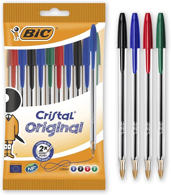 BIC Cristal Original Ballpoint Pens, Every-Day Biro Pens, Fine Point (1.0 mm), Ideal for School, Black Ink, Pack of 10