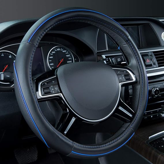 Car Pass Colour Piping Leather Universal Fit Steering Wheel Cover,Perfectly fit for 14.5-15 inches Suvs, Vans, Trucks, Sedans, Cars (Black&Blue)