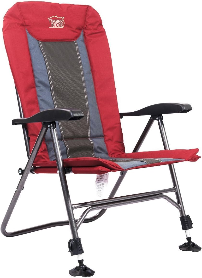 TIMBER RIDGE TRFCH011LA Camping Chair Folding Heavy Duty with Adjustable Reclining Padded Back and Legs Supports 300lbs for Fishing and Garden, Lava