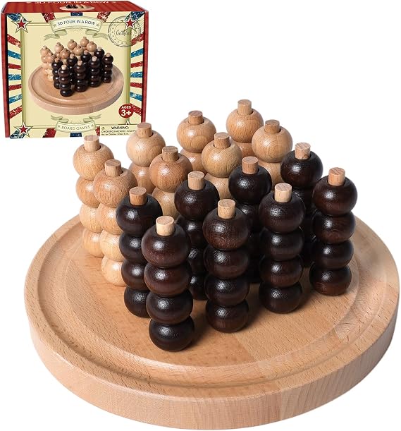 GOTHINK Portable 3D Wooden Four in a Row Board Games for Adults & Kids- 4 in a Row Game Set with Birch Chess for Family Night Games Birthday & Holiday Party Toy Gifts - Challenge Your Mind