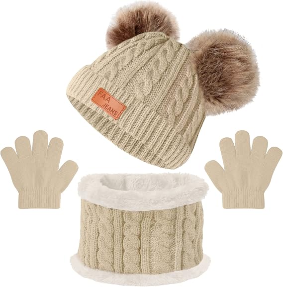 Kids Winter Beanie Hat Scarf Gloves Set,Toddlers Knit Winter Warm Double Pompom Cap Scarf Gloves for Girls Boys 1-5 Years Old
