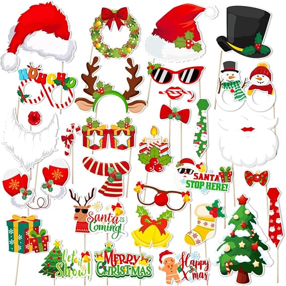 31Pcs Christmas Photo Booth Props Kit Photo Props for Photography DIY Fun Photobooth Photoshoot Prop Selfie Pose Sign Set for Adults Kids Party Favors Supplies