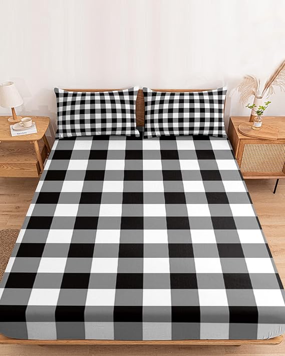 Bedding King Size Fitted Sheets Fit 5"-16" Deep Pocket Mattress,Modern Minimalist Buffalo Checker Soft Bottom Sheet Black and White Lattice Fitted Sheet Bed Set with Pillow Case