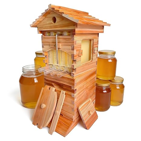 Flow Hive Style Beekeeping Starter Kit - Wooden Beehive with 4 Automatic Honey Frames & 6 Brood Frames - Clear Observation Window & Easy-Release Honey Spout for Backyard Honey Harvest