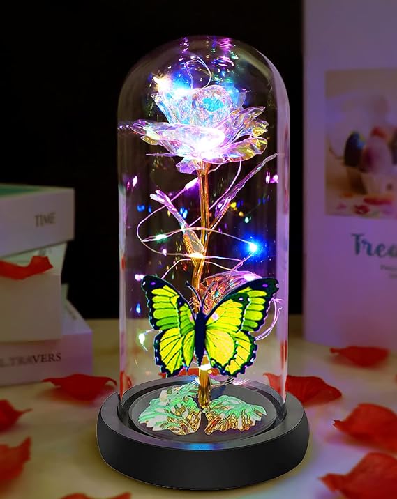 Fvawe Birthday Gifts for Women, Rose Glass Flower Gifts for Mom Christmas | Galaxy Light Up Rose Flowers in A Glass Dome, Presents Sister Wife Grandma Her Mom Daughter Valentines Butterfly