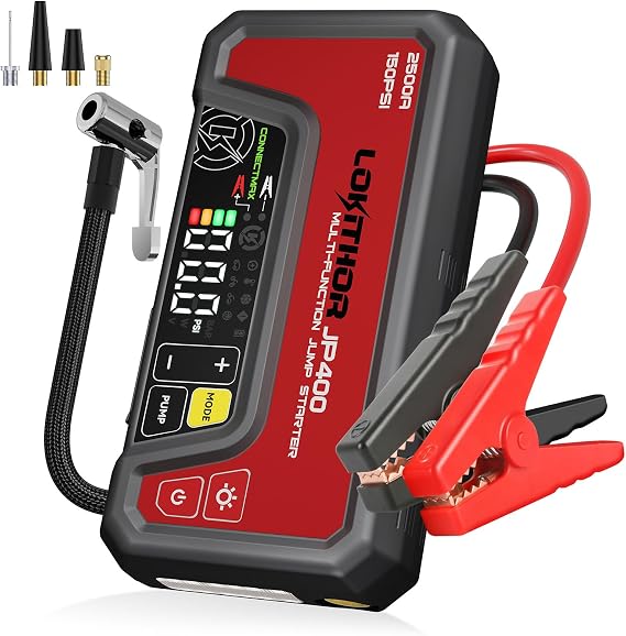 LOKITHOR JP400 Jump Starter with Air Compressor, 2500A 12V Car Jumper Starter Portable for Car (8.5L Gas/6.5L Diesel) with ConnectMax Tech, 150PSI Tire Inflator, Auto-Shutoff & Dynamic Dwell (Red)