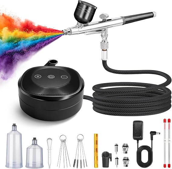 Airbrush Kit with Air Compressor,25-48 PSI Airbrush 3 Nozzles &Cleaning Set | High Pressure Air Brush Non-Clogging with 0.2/0.3/0.5mm Nozzle for Painting,Model,Nails,Cake Decorating,Makeup,Crafts