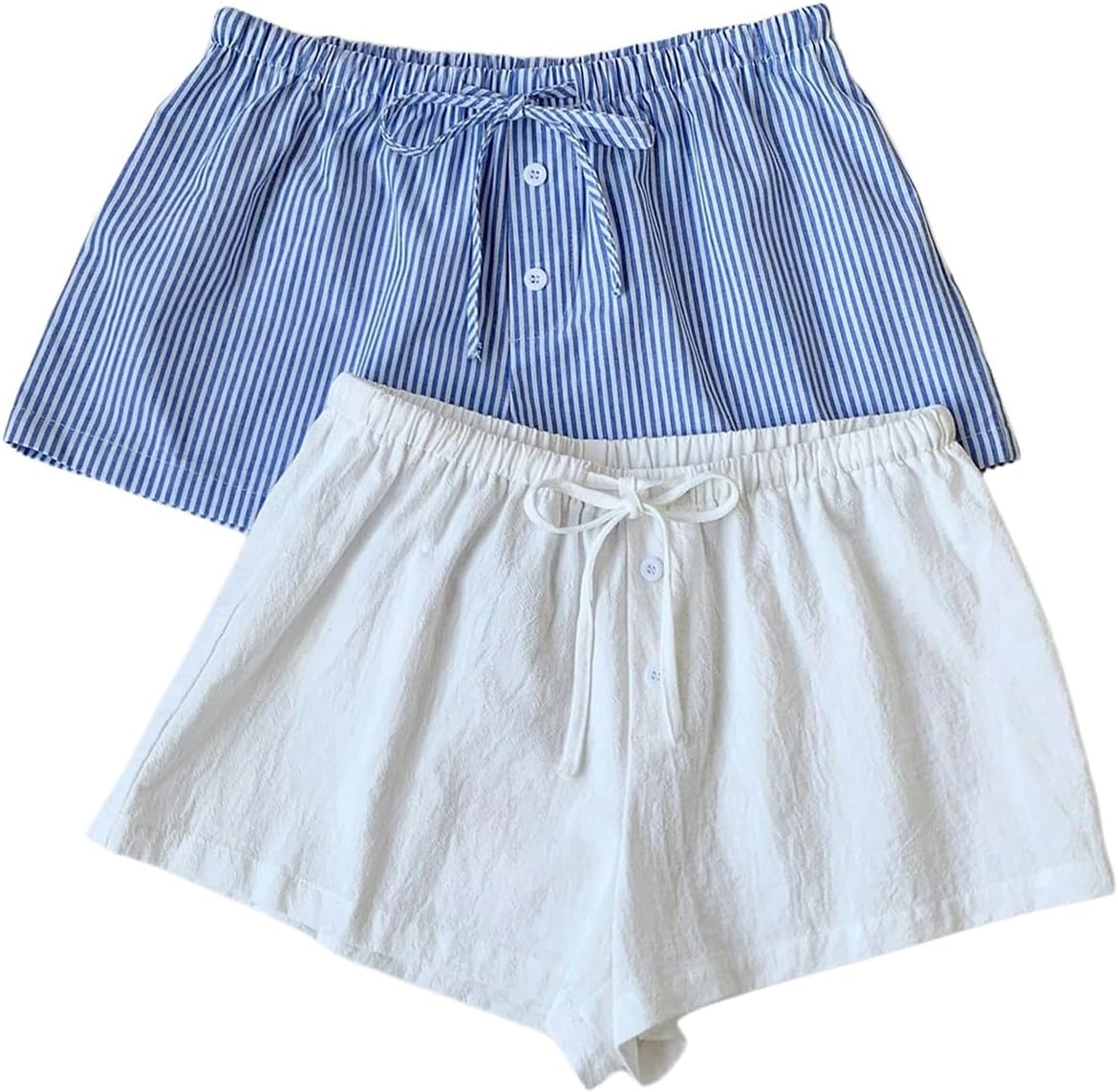 Womens 2 Packs Striped Linen Mini Shorts Drawstring Waist Button Front Lounge Shorts