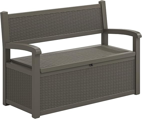 LHBcraft 70 Gallon Deck Bench with Storage,Outdoor Storage Box Bench Waterproof&Lockable, Resin Patio Furniture with Armrest for Patio, Porch, Garden,Grey