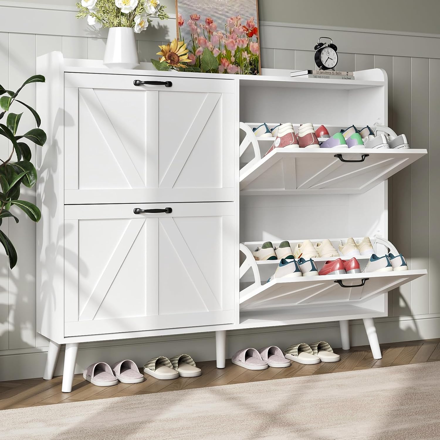 Shoe Cabinet Storage for Entryway, Hidden Slim Shoe Organizer, Shoe Cabinet with 4 Flip Drawers, Narrow Shoe Storage Cabinet Shoe Closet Shoe Rack for Hallway, White