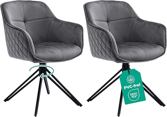Dining Room Chairs Set of 2 Grey with Velvet Cover Spring core 360° rotatable retro style PVC-free and Oeko-Tex certified easy to install