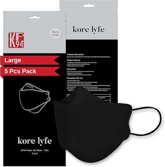 [50 PCS] KF94 Face Mask - BLACK - [Made in Korea] - In 5 PCS Reclosable Package - Breathable Premium Quality - [Package in English]