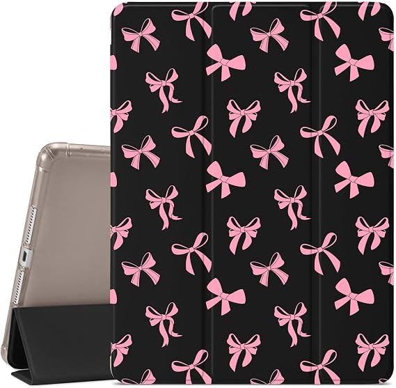 JOYLAND Cute Pink Bow Pattern Case for iPad (A16) 11th Gen 2025 11-inch/10th Gen 2022 10.9 inch, Pencil Holder & Clear Transparent Soft TPU Back & Trifold Smart Pad Black Cover for Girls Women