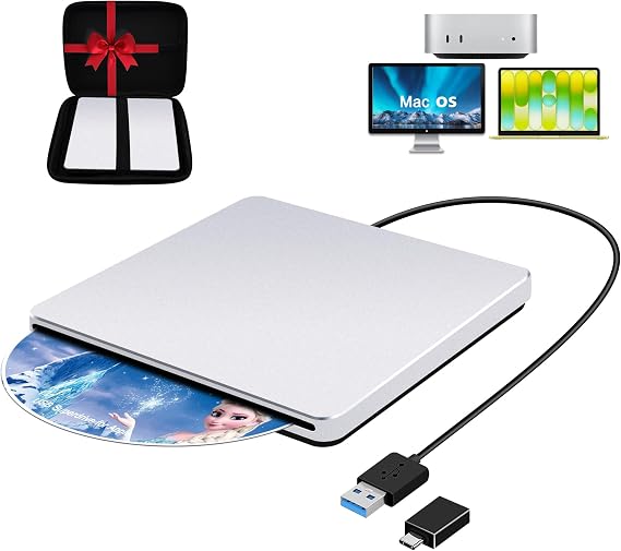 Guamar USB 3.0 Superdrive for Apple: External CD Drive for Mac MacBook Plug & Play Portable DVD Player Burner for Laptop PC Windows with USB-C Adapter/Carrying Case - Aluminum Silver