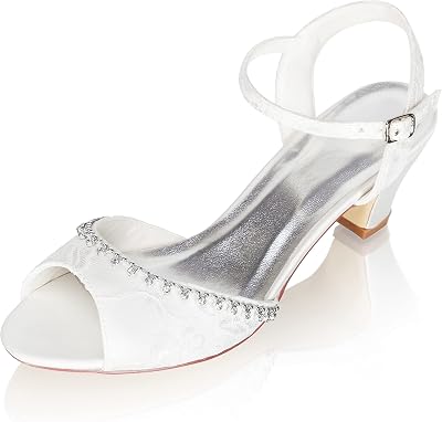 JIAJIA 8964 Womens Bridal Shoes Peep Toe 1.9 Block Low Heel Lace Satin Pumps Sandals Wedding Shoes