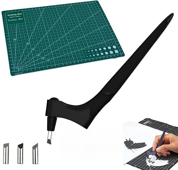 Craft Cutting Tools Pen,Pefctiordent Cutting Craft Tool, 360 Rotating Blade Paper-Cutter,With 15,30,45 Degree Engraving Head And Rotating Cutting Mat,for Stencil Scrapbook DIY Craft (Black)