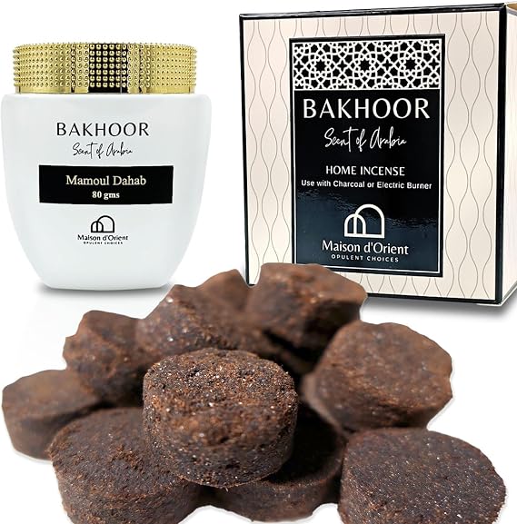 Mamoul Dahab 80g Oud Incense (Pressed Resin Disks) | Use with Bakhoor Charcoal (Carbon para) or Electric Bukhoor Burner Mabkhara Set | Meditation Decor & Stress Relief Arabian Home Fragrance