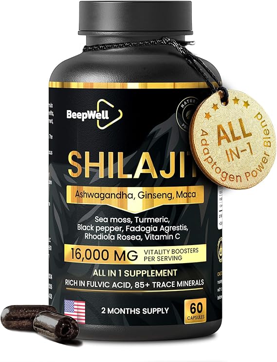 Himalayan Shilajit Capsules - 16,000mg Vitality Blend with Adaptogens, Ashwagandha, Sea Moss, Ginseng, Maca | Energy & Wellness Natural Supplement, 2 Months Supply, 60 Capsules