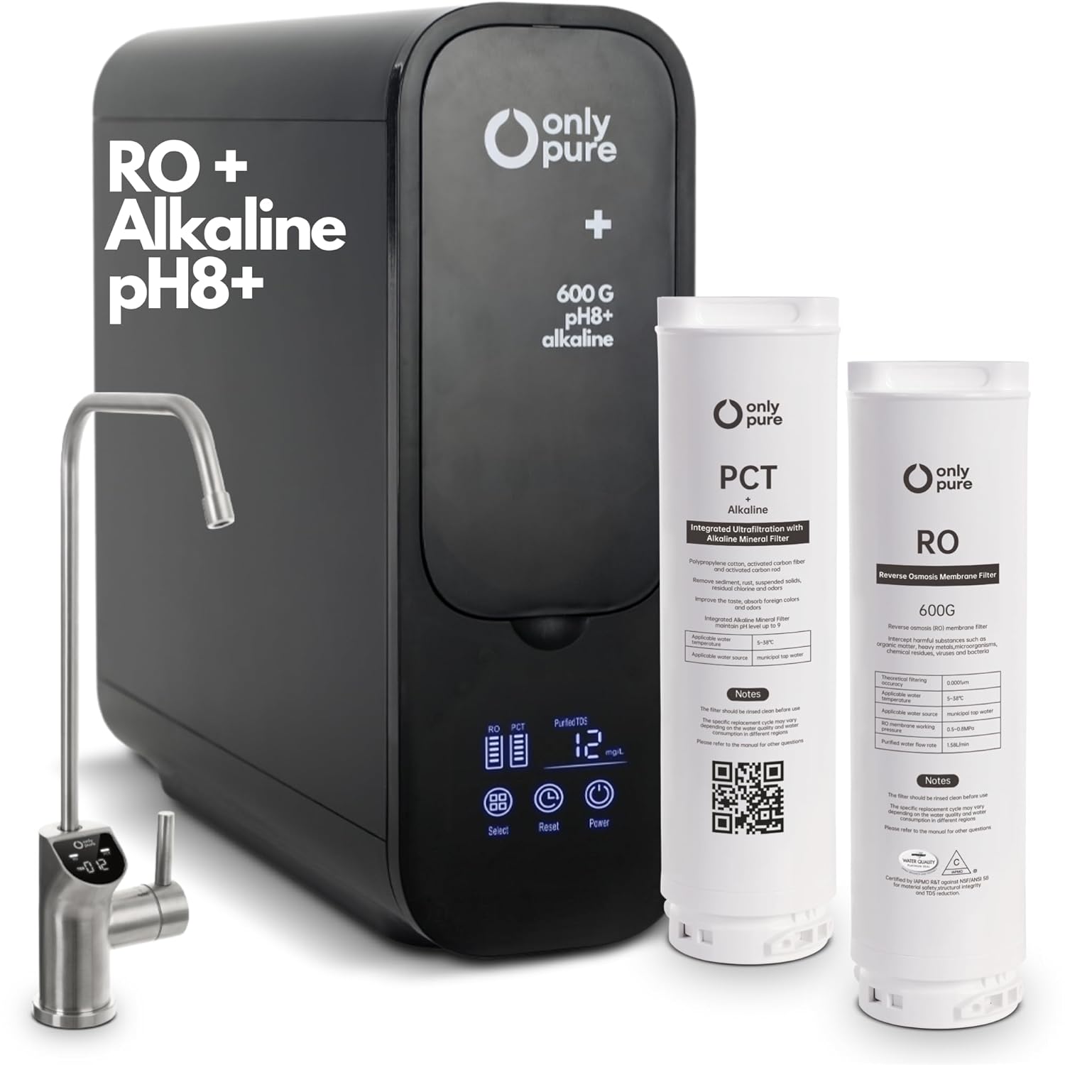 Reverse Osmosis System with Alkaline Filter, 600 GPD Fast Flow, NSFANSI 58 & NSFANSICAN 372 Certified, 2:1 Pure to Drain, Tankless Under Sink RO Water Filter System, Smart Faucet