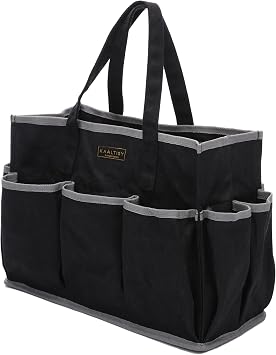 Canvas Tool Tote Bag, Heavy Duty 16oz Waxed Canvas Tool Storage Pouch with 1 Large Compartment & 10 Small Pockets | Multi-Purpose Garden Tool Bag for Horticulturists Mechanics Craftsmen Black